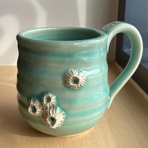 May include: A turquoise ceramic mug with a textured surface and a curved handle. The mug is adorned with three-dimensional, off-white barnacle-like embellishments. The mug has a capacity of approximately 12 ounces.