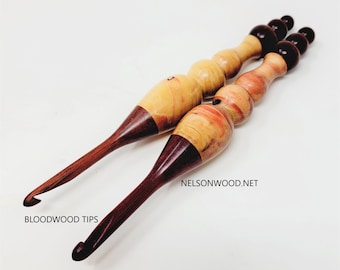 Flame Box Elder and Gabon Ebony orBloodwood Handcrafted Wooden Crochet Hook Made in USA by Texas Artist Bryan Nelson