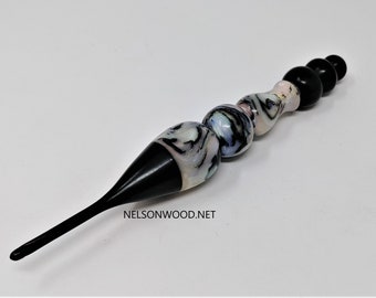 Mother of Pearl with Gabon Ebony Hand Turned Crochet Hook Made in USA by Texas Artist Bryan Nelson