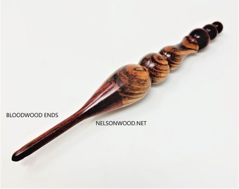 Hand Turned Exotic Angle Cut Zebrawood and Bloodwood Wooden Crochet Hook Made in USA by TX Artist Bryan Nelson