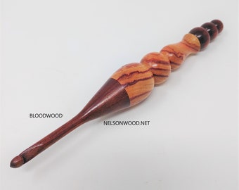 Hand Turned Exotic Angle/Cross Cut Tulipwood And Gabon Ebony Wooden Crochet Hook Made in USA by TX Artist Bryan Nelson