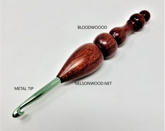 Hand Turned  Wooden Crochet Hook With Metal Tip From Size B through K Made in USA by Texas Artist Bryan Nelson