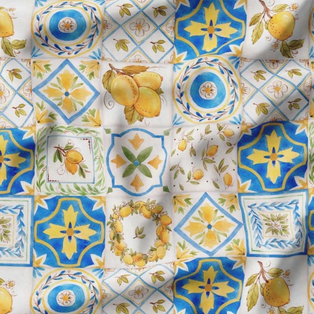 Majolica Tile Design Fabric Lemons and Blue Sicilian Style Tiles Fabric ...