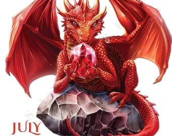 July Ruby Dragon Birthstone Clipart Watercolor Birthday Gemstones, crystal clipart, birth stones, commercial use, dragon gemstone pngs
