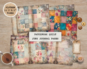 May include: Fifteen 11 x 8.5 inch scrapbook pages featuring a patchwork quilt design with floral patterns in shades of pink, blue, and yellow. The pages have a distressed, vintage look and are perfect for adding a unique touch to your crafting projects.