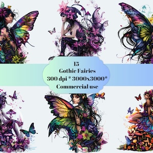 15 wunderschöne Gothic Fairy Clipart Pack, transparente Pngs für kommerzielle Nutzung, Fantasy Clipart, dunkle Feen mit Schmetterlingsflügeln