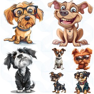May include: A collection of seven cartoon dogs wearing glasses and various outfits. The dogs are all different breeds and have different expressions on their faces. Some of the dogs are wearing sunglasses, while others are wearing regular glasses. The dogs are all standing on a white background.