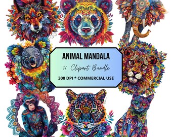 Mandala Animals Clipart, Watercolor Mandala, Elephant Mandala, Bear, Fox, PNG, Commercial use