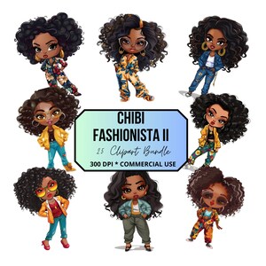 25 Chibi Black girl clipart,afro girl clipart, fashion girl clipart, beautiful girl clipart, black girl graphics, Pack II, transparent