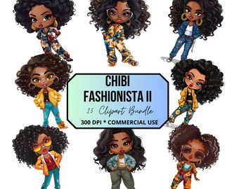 May include: A set of 8 digital illustrations of cartoon Black women with curly hair wearing different outfits. The illustrations are in a chibi style, which is a Japanese style of cartooning that features characters with large heads and small bodies. The text "CHIBI FASHIONISTA II 25 Clipart Bundle 300 DPI * COMMERCIAL USE" is at the bottom of the image.