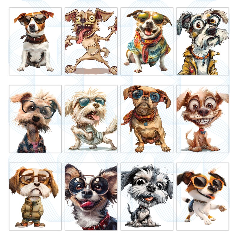 May include: A collage of twelve cartoon dogs wearing sunglasses and other accessories. The dogs are all different breeds and have different expressions on their faces.