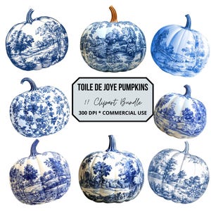 Clipart di zucche di Toile blu, DOWNLOAD DIGITALE, Chinoiserie ad acquerello, Clip art floreale del Ringraziamento di Toile De Jouy, Scene autunnali