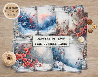 May include: Fourteen 11 x 8.5 inch pages of junk journal paper featuring watercolor illustrations of red flowers and branches against a snowy background. The pages are decorated with ornate frames.