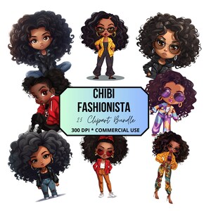 25 Chibi Black girl clipart,afro girl clipart, fashion girl clipart, beautiful girl clipart, black girl graphics, Pack 1, transparent