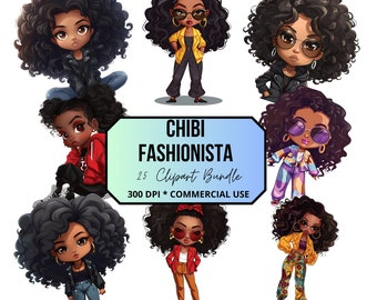 25 Chibi Black girl clipart,afro girl clipart, fashion girl clipart, beautiful girl clipart, black girl graphics, Pack 1, transparent