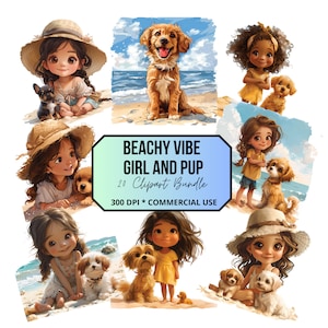 Summer Beach Kawaii Baby Girl y su Perro Clipart, clipart de playa transparente, niña de verano, cachorro de verano, niñas en la playa, uso comercial