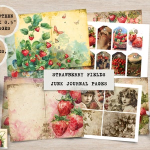 Kit de journal de bordel de champs de fraises, folio, cartes postales, étiquettes, pages numériques de fraise, fille de fraise, journal imprimable, éphémère