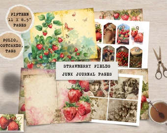 Strawberry fields junk journal kit, folio, postcards, tags, strawberry digital pages, strawberry girl, journal printable, ephemera