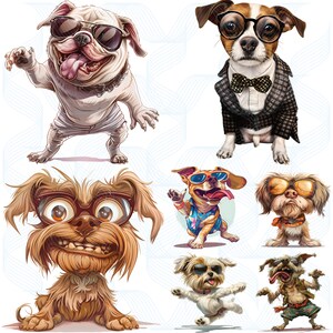 May include: A digital illustration of eight dogs wearing sunglasses and various outfits. The dogs are all different breeds and have different expressions. The background is a light blue and white pattern.