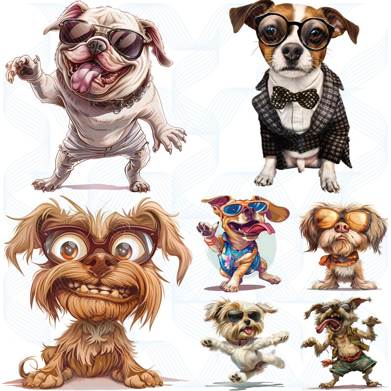 May include: A digital illustration of eight dogs wearing sunglasses and various outfits. The dogs are all different breeds and have different expressions. The background is a light blue and white pattern.