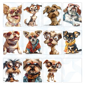 May include: A collage of 10 cartoon dogs wearing sunglasses and glasses. The dogs are all different breeds and have different expressions. Some of the dogs are wearing hats or scarves.