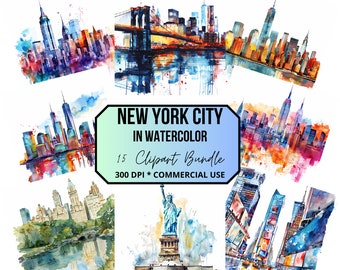 New York City watercolor, new york skyline, transparent 300 dpi, central park and statue of liberty in watercolor, print at home
