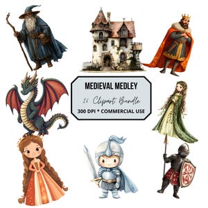 Medieval Clipart - 26 PNG Adorable Knight and Dragons Graphics, Cute Kingdom Printables, Princess, King, Digital Download, Commercial Use