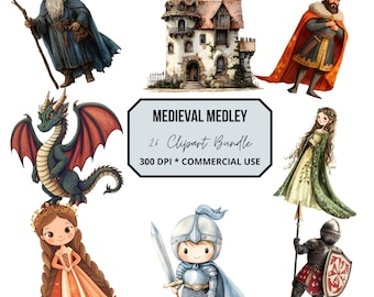 Medieval Clipart - 26 PNG Adorable Knight and Dragons Graphics, Cute Kingdom Printables, Princess, King, Digital Download, Commercial Use