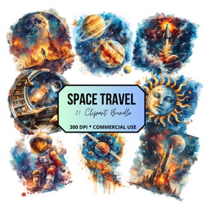Bundle de cliparts espace aquarelle, clipart astronaute, vaisseau spatial astronaute, clipart fusée, étoiles et lune PNG, usage commercial, soleil, planètes