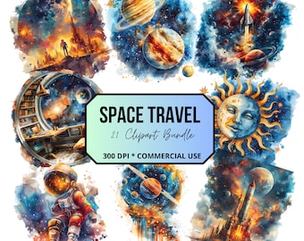 Watercolor Space Clipart Bundle, Astronaut Clipart, Astronaut Spaceship, Rocket Clipart, Stars and Moon PNG, Commercial use, Sun, Planets