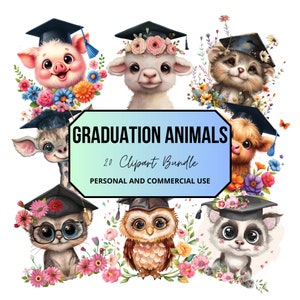 Graduation Animals Clipart, Watercolor Cute Academic Celebration Nursery, Education, School Diploma, Woodland Jungle Animal Kids Party Png