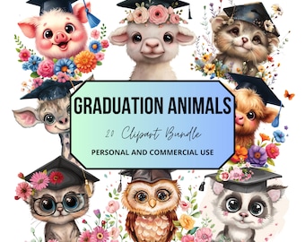 Graduation Animals Clipart, Watercolor Cute Academic Celebration Nursery, Education, School Diploma, Woodland Jungle Animal Kids Party Png
