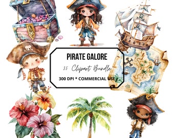 海賊の水彩画クリップアートバンドル、航海のイラスト（PNG、JPG