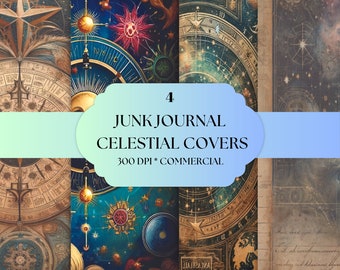 4 Celestial , Astronomy Junk journal, art journal covers, 300 dpi for commercial use.