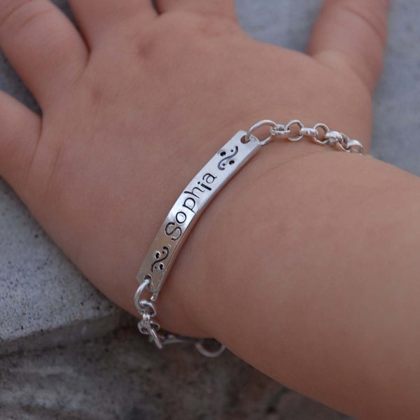 Id bracelet with handmade, hand stamped tags - sterling silver perfect for flower girl gifts