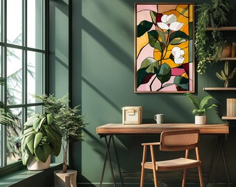Art Print "abstract" | Picasso style |  white snowberry | leaves | yellow | pink