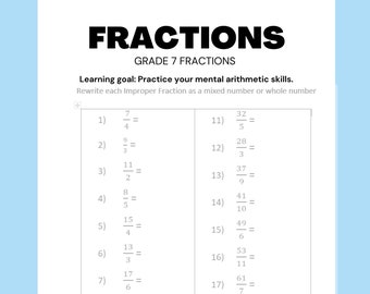 Printable Math Worksheet Fractions Homeschool worksheet grade 6 grade 7 worksheet Curriculum Printable 100+ problems