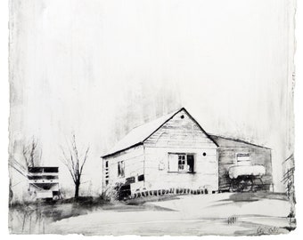 Charcoal Drawing - Fine Art Print - "Aitken Road" - Abandonings, Charcoal, Mixed Media, Abandoned House, Michigan