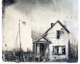 Charcoal Drawing - Fine Art Print - "Willow River" - Abandonings, Charcoal, Mixed Media, Abandoned House, Michigan