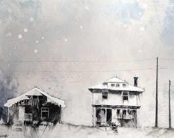 Charcoal Drawing, Flint - Fine Art Print - "914 & 918 Stevenson" - Abandonings, Flint, Charcoal, Mixed Media