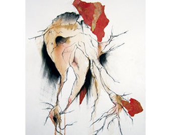 Abstrait, Dessin, Fusain - Fine Art Print - Myelin I - Dessin au fusain, Collage, Techniques mixtes, Rose et Noir