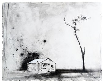 Charcoal Drawing - Fine Art Print - "Evergreen" - Abandonings, Charcoal, Mixed Media, Abandoned House, Michigan