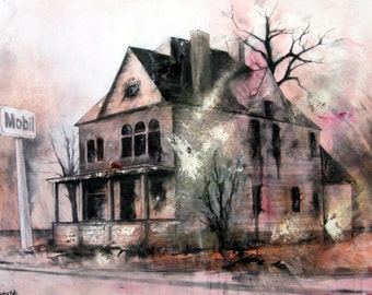 Charcoal Drawing, Detroit - Fine Art Print - "Mt. Elliot" - Abandonings, Detroit, Charcoal, Mixed Media