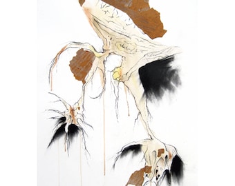 Abstract, Drawing, Charcoal - Fine Art Print  - Myelin II - Charcoal Drawing, Collage, Mixed Media, Brown, Tan