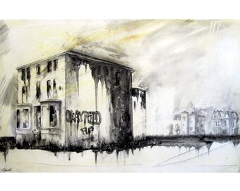 Charcoal, Brush Park, Detroit - Fine Art Print - "Okay" - Abandonings, Detroit, Charcoal, Mixed Media