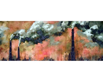 Acrylic Painting, Smoke Stacks - Fine Art Print - Urban Cityscape, Smoke Stacks, City, Clouds