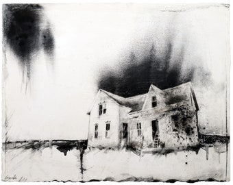 Charcoal Drawing - Fine Art Print - "Port Hope Road" - Abandonings, Charcoal, Mixed Media, Abandoned House, Michigan