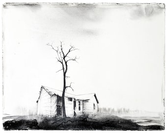 Charcoal Drawing - Fine Art Print - "Building (Shephard Road" - Abandonings, Charcoal, Mixed Media, Abandoned House, Michigan