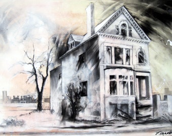 Charcoal Drawing, Detroit - Fine Art Print - "D" - Abandonings, Detroit, Charcoal, Mixed Media