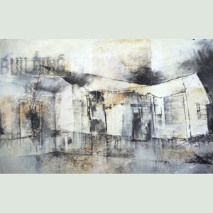 Charcoal Drawing, Abandoned Fine Art Print Building Abandoned House, Mixed Media, Charcoal Drawing, Abandoning image 1